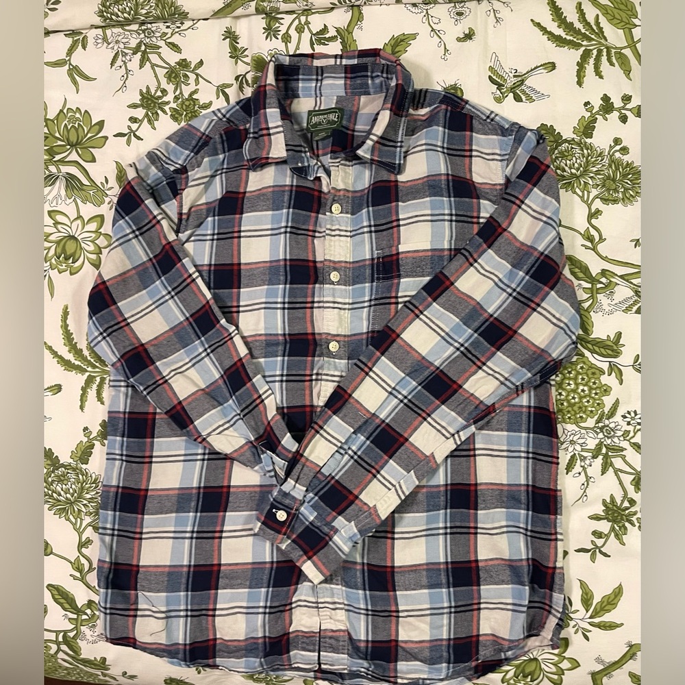 American Eagle Blue and Red Plaid Flannel Shirt